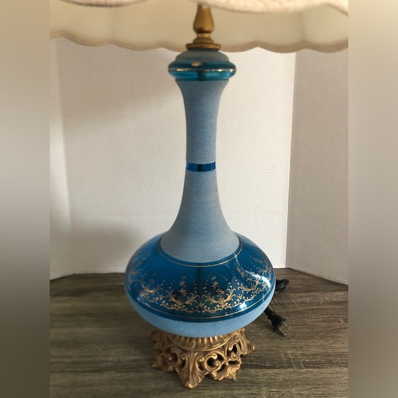 Vtg France Made Blue Sugared Glass Table Lamp - Picture 3 of 13